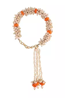 Gold Plated Hanging Pearl Beaded Lumba Rakhi for Bhabhi