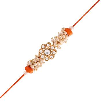 Gold Plated Designer White Pearl Beaded Rakhi Bracelet 1
