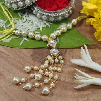 Gold Plated Hanging Kundan Studded Pearl Lumba Rakhi for Bhabhi  2