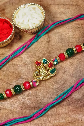 Gold Plated Ethnic Peacock Design Beads Kundan Rakhi Bracelet  (Pack of 2 Pcs)