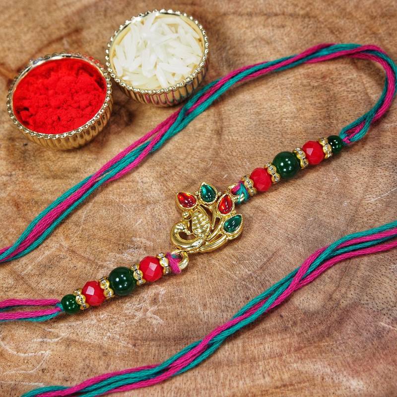 Gold Plated Ethnic Peacock Design Beads Kundan Rakhi Bracelet  (Pack of 2 Pcs)