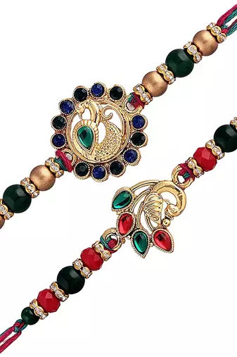 Gold Plated Ethnic Peacock Design Beads Kundan Rakhi Bracelet  (Pack of 2 Pcs)