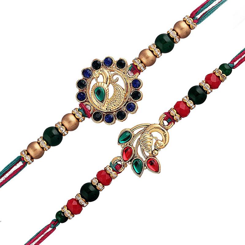 Gold Plated Ethnic Peacock Design Beads Kundan Rakhi Bracelet  (Pack of 2 Pcs)