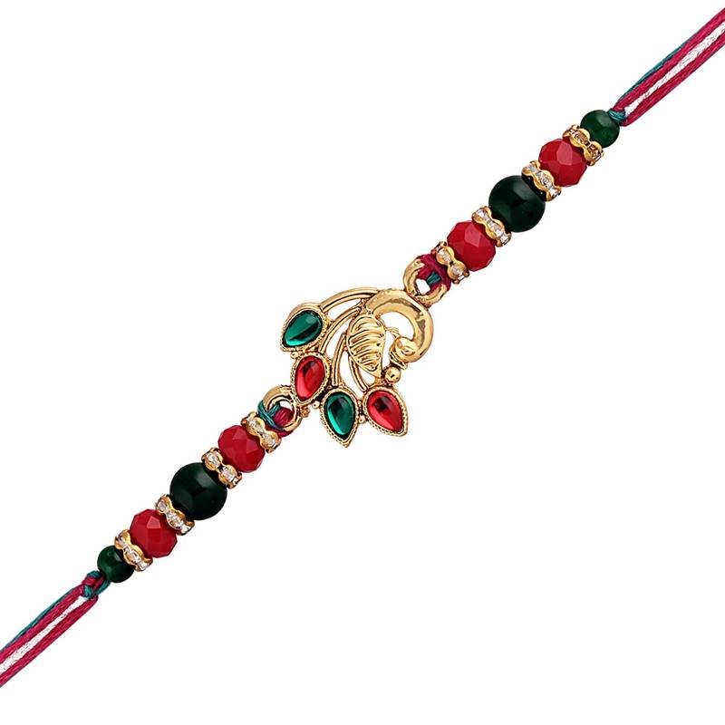 Gold Plated Ethnic Peacock Design Beads Kundan Rakhi Bracelet  (Pack of 2 Pcs)