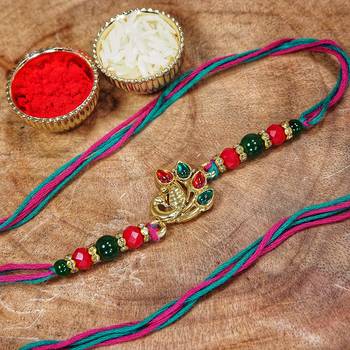 Gold Plated Ethnic Peacock Design Beads Kundan Rakhi Bracelet 1
