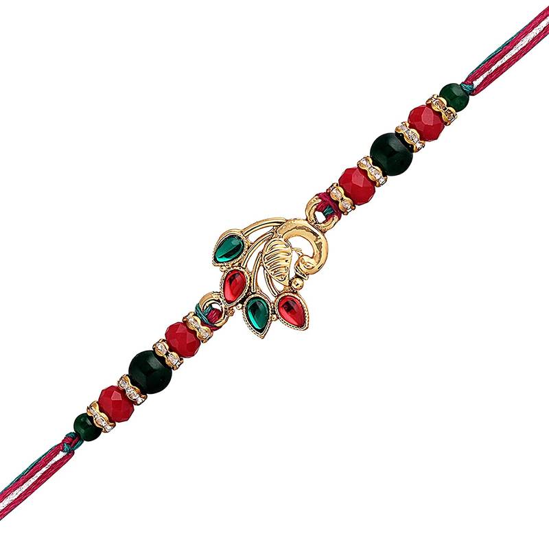 Gold Plated Ethnic Peacock Design Beads Kundan Rakhi Bracelet