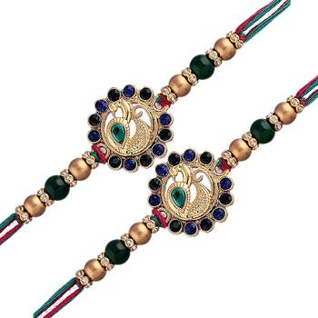 Gold Plated Ethnic Peacock Design Beads Kundan Rakhi Bracelet (Pack of 2 Pcs) 1