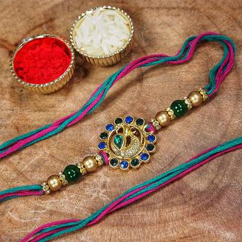 Gold Plated Ethnic Peacock Design Beads Kundan Rakhi Bracelet (Pack of 2 Pcs) 2
