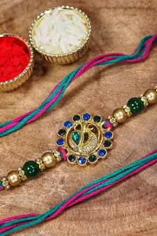 Gold Plated Ethnic Peacock Design Beads Kundan Rakhi Bracelet (Pack of 2 Pcs)