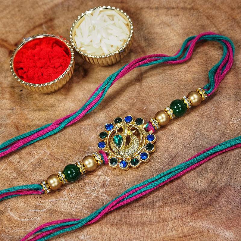 Gold Plated Ethnic Peacock Design Beads Kundan Rakhi Bracelet (Pack of 2 Pcs)