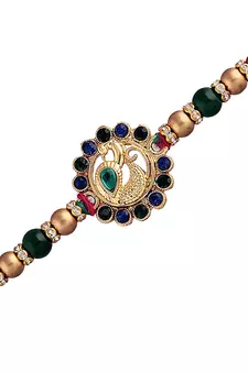 Gold Plated Ethnic Peacock Design Beads Kundan Rakhi Bracelet (Pack of 2 Pcs)