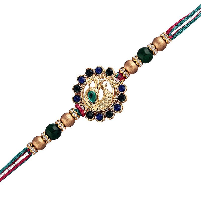 Gold Plated Ethnic Peacock Design Beads Kundan Rakhi Bracelet (Pack of 2 Pcs)