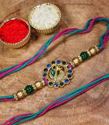 Gold Plated Ethnic Peacock Design Beads Kundan Rakhi Bracelet