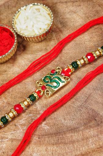 Gold Plated Ethnic OM Design Beads Stone Rakhi Bracelet  