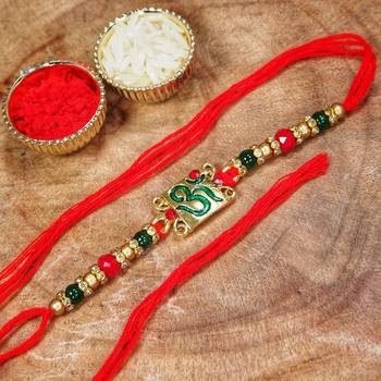 Gold Plated Ethnic OM Design Beads Stone Rakhi Bracelet   1