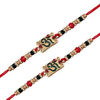 Gold Plated Ethnic OM Design Beads Stone Rakhi Bracelet   2
