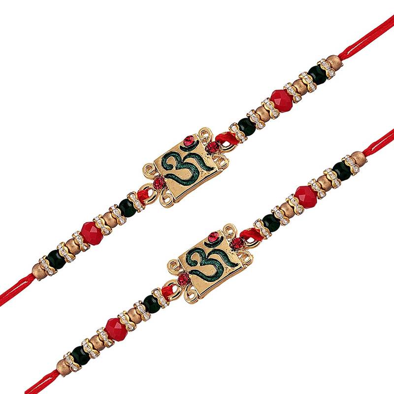 Gold Plated Ethnic OM Design Beads Stone Rakhi Bracelet  