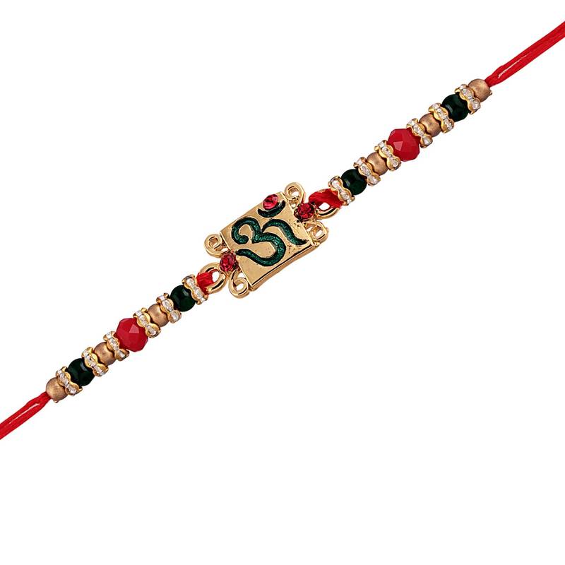 Gold Plated Ethnic OM Design Beads Stone Rakhi Bracelet  