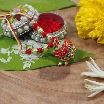 Gold Plated Enamel Hanging Pearl Jhumki Lumba Rakhi for Bhabhi 1