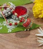 Gold Plated Enamel Hanging Pearl Jhumki Lumba Rakhi for Bhabhi