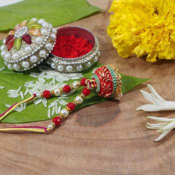Gold Plated Enamel Hanging Pearl Jhumki Lumba Rakhi for Bhabhi 2