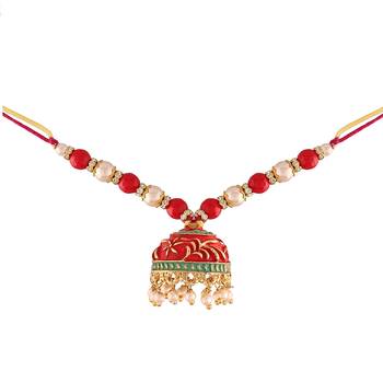 Gold Plated Enamel Hanging Pearl Jhumki Lumba Rakhi for Bhabhi 3