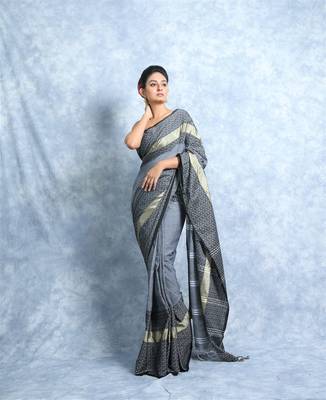 Grey Woven Blended Cotton Saree With Blouse 1