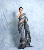 Grey Woven Blended Cotton Saree With Blouse