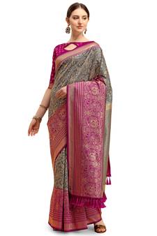 Grey woven art silk saree saree with blouse