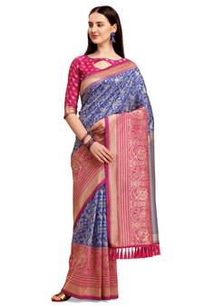 Blue woven silk blend saree saree with blouse