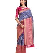 Blue woven silk blend saree saree with blouse