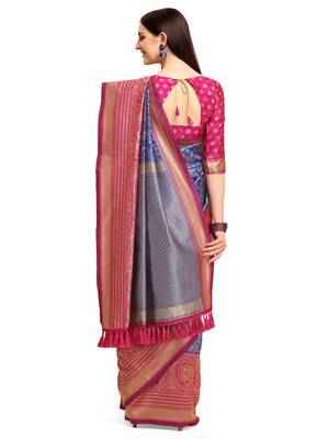 Blue woven silk blend saree saree with blouse 2