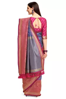 Blue woven silk blend saree saree with blouse