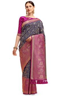 Navy blue woven art silk saree saree with blouse