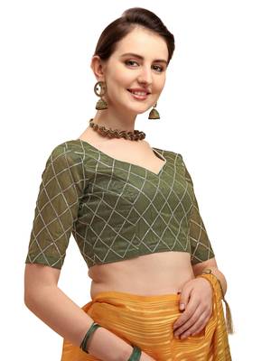 Green woven silk blend saree with blouse 4