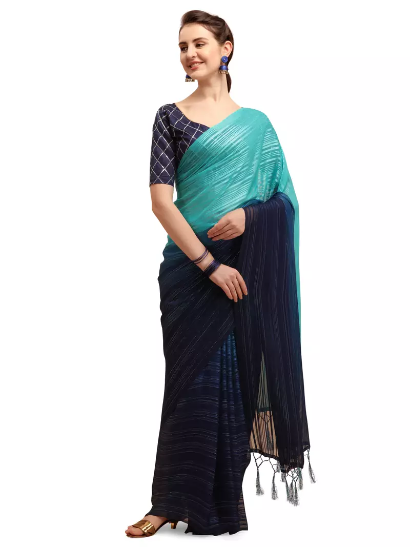 Blue woven silk blend saree with blouse