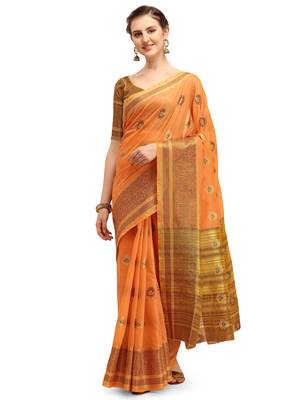 Orange woven linen saree with blouse 1