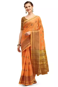 Orange woven linen saree with blouse
