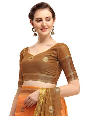 Orange woven linen saree with blouse 4
