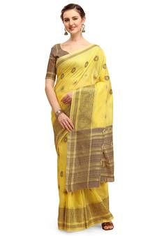 Yellow woven linen saree with blouse
