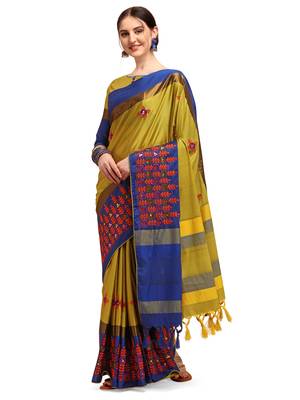 Yellow embroidered cotton silk saree with blouse 1