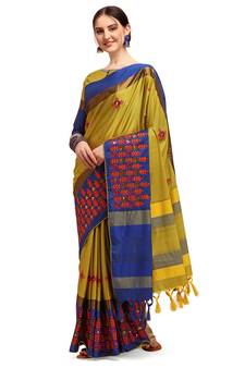 Yellow embroidered cotton silk saree with blouse