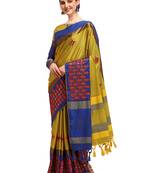 Yellow embroidered cotton silk saree with blouse