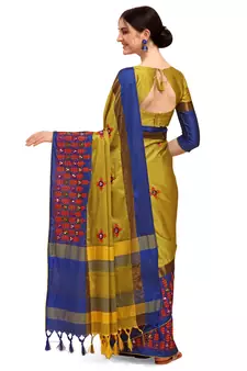 Yellow embroidered cotton silk saree with blouse