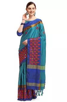 Light blue embroidered cotton silk saree with blouse