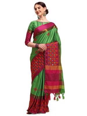 Green embroidered cotton silk saree with blouse 1