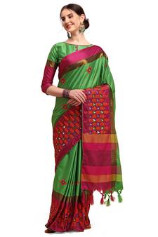 Green embroidered cotton silk saree with blouse