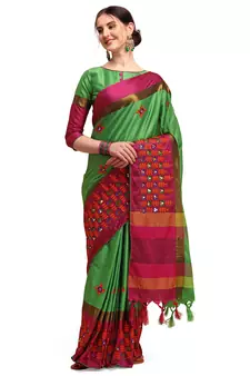 Green embroidered cotton silk saree with blouse