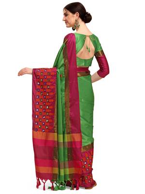 Green embroidered cotton silk saree with blouse 2