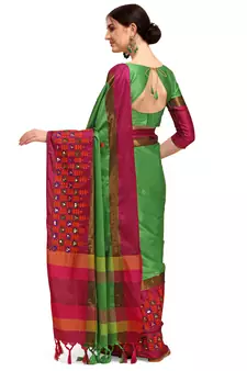 Green embroidered cotton silk saree with blouse